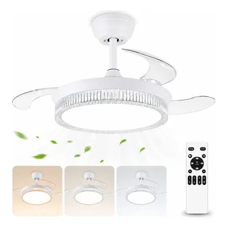 Ventilador De Teto Com Controle Remoto Silencioso Retrátil 92 Cm 50/60hz Branco Aro Cristal 127/220v Transparente Policarbonato 3