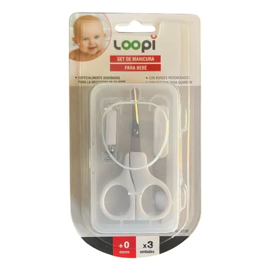 Set de tijera alicate lima 8720 uñas cuidado d bebe Loopi color blanco