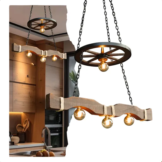 Luminária Rústica Caibro Roda De Carroça Invertida 4 Bocais Estrutura Madeira natural 127/220V