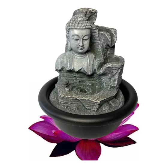 Fuente Pileta Cascada De Agua Buda Con Luz 18 Cm Feng Shui Color Gris