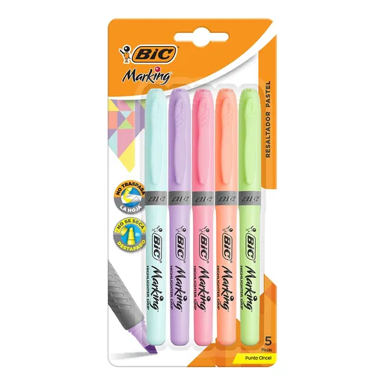 Marcatextos Resaltador Bic Marking Pastel Punta Cincel 5 Pzs