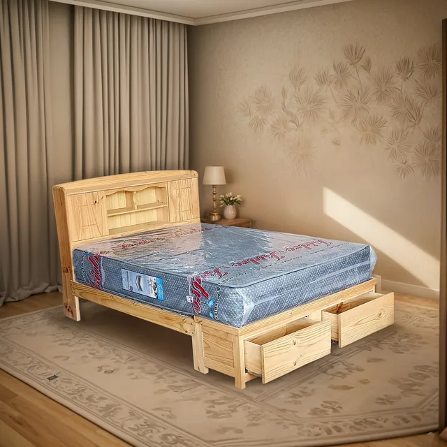 Cama 2 Plazas,madera Pino ,modelo Biblioteca Con Sabanera