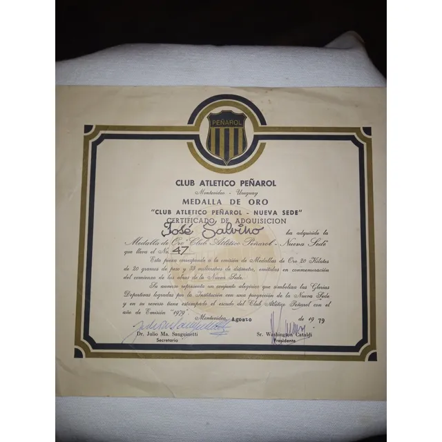 Antiguo Certificado De Medalla De Oro De Peñarol Futbol