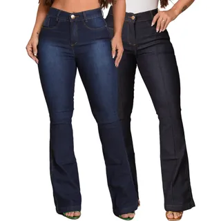 Kit 2 Calça Flare Jeans Feminina Cintura Alta Lycra Empina Kit 2 Calça Flare Jeans Feminina Cintura Alta Lycra Empina
