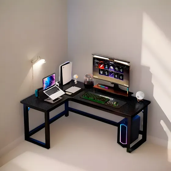 Escritorio Gamer L Madera Y Fibra De Carbono Armazón Hierro©