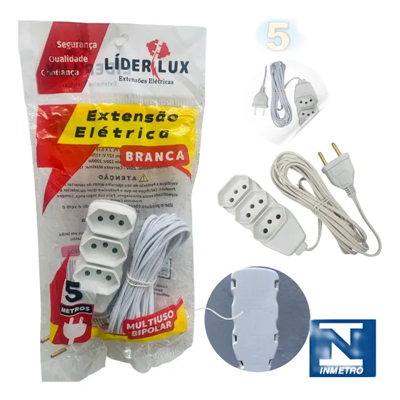 Extensão Elétrica 5 Metros 3tomada Tripolar Bivolts 127/220v