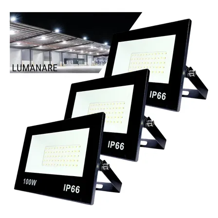 Kit 3 Refletor Holofote LED 100W Branco Frio 6500K IP66 À Prova D’Água Externo Carcaça Preta