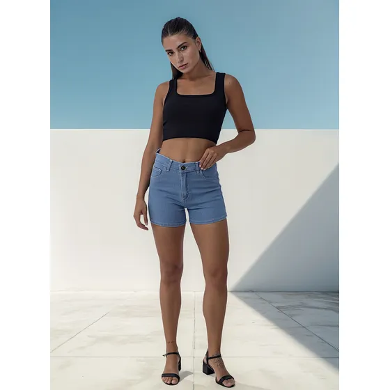 Short De Mujer Elastizado Celeste Verano Tiro Alto Tendencia