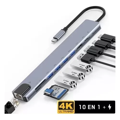 Hub Adaptador 10 In 1 Multipuertos Tipo-c. Rj45. Hdmi. Ubs-c