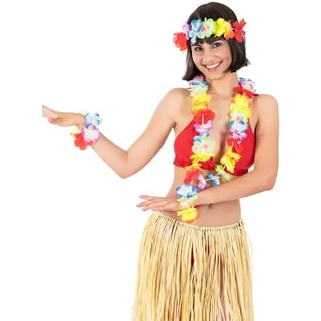 Disfraz Mujer Hawaii Falda Collar Flores Pulsera Y Corona Baile Hawaiano