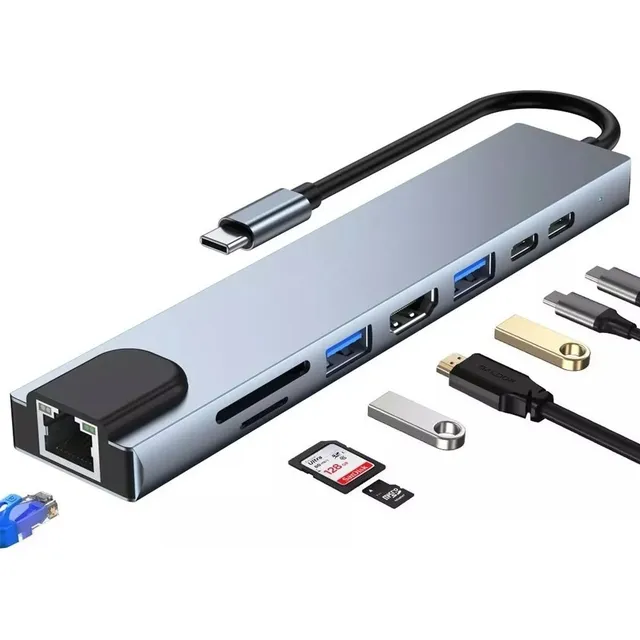 Hub Adaptador Usb Tipo C 8 En 1 Macbook Windows Etherne Rj45