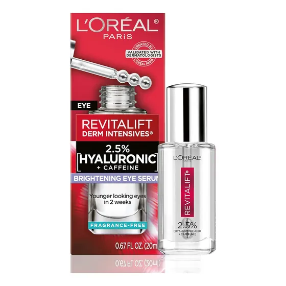 L'oreal Revitalift Derm Intensives Suero Para Ojos 2.5% Tipo de piel Todo tipo 0.67 fl oz 20 ml Suero hidratante Antienvejecimiento para ojos con ácido hialurónico + cafeína para ojeras, sin fragancia