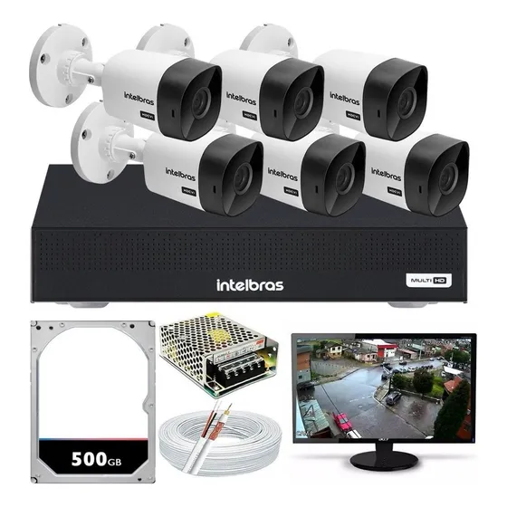 Kit Cftv 6 Câmeras Segurança Intelbras Dvr 8 Canais Monitor Cor Branco