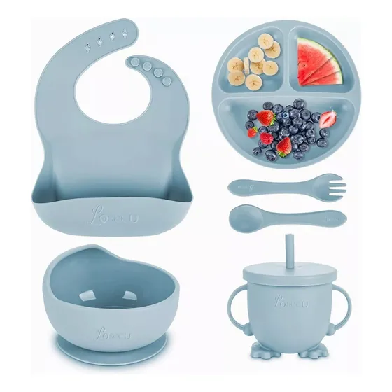 Set De Platos De Silicona Con Babero/cubiertos/taza De Bebé