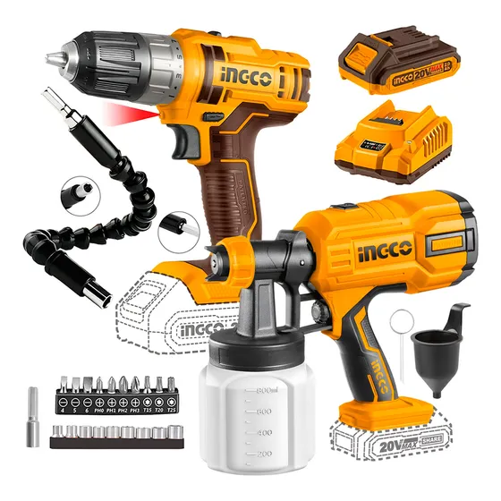 Pistola Pintar Inalámbrica 800 Ml + Taladro 20v 2.0 Ah Ingco