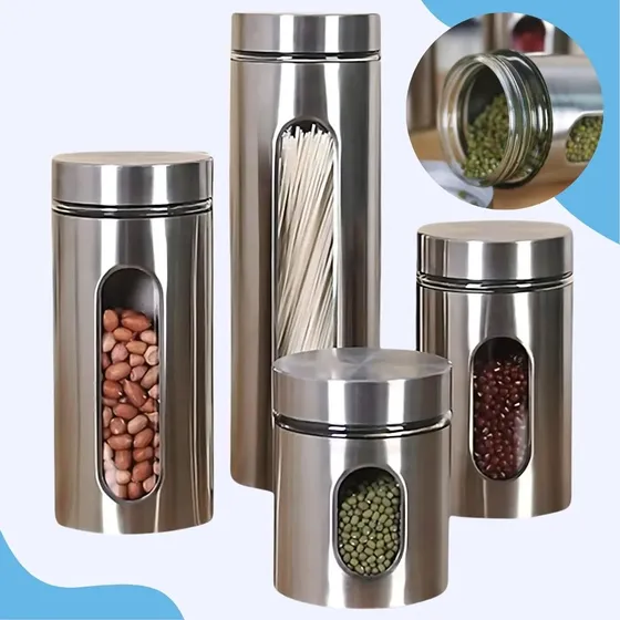 Jogo De 4 Potes Com Visor Inox Vidro Hermético Mantimentos