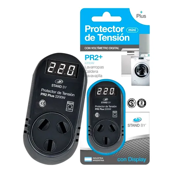Protector De Tension 2200 W Con Voltimetro Digital Pr2plus Stand By Color Negro