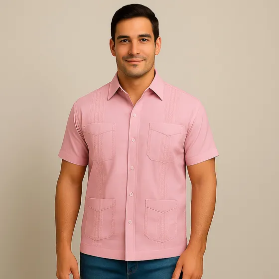 Camisa Guayabera Manga Corta Rosada 4 Bolsillos