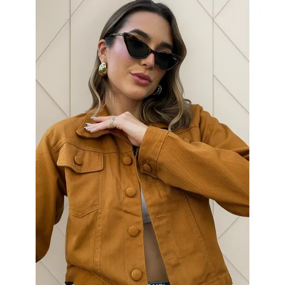 Jaqueta Jeans Feminina Botão Encapado Tendência Da Moda
