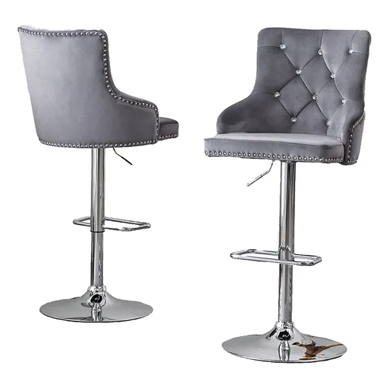 Taburete Bar Juego 2 Terciopelo Gris Cristal Sintetico Base