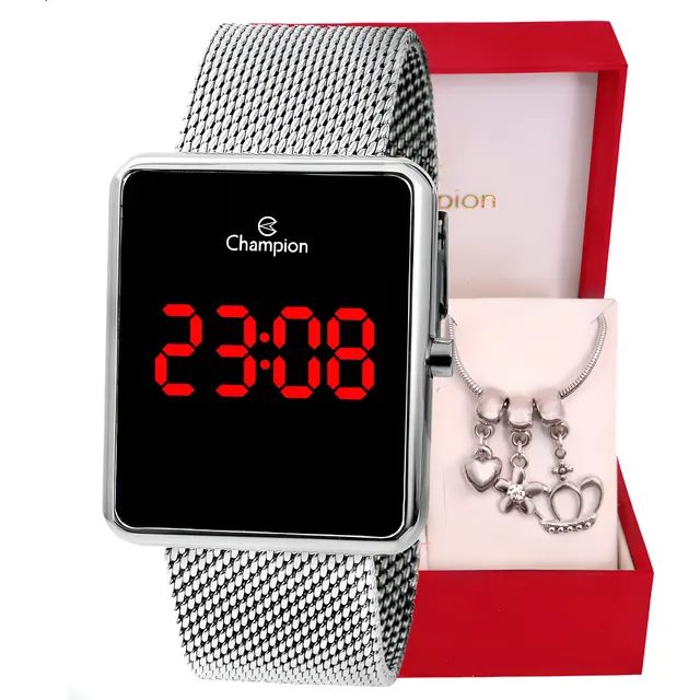 Relógio Feminino Champion Digital Prata Ch40083t Kit Joias Correia Prateado Bisel Prateado Fundo Preto