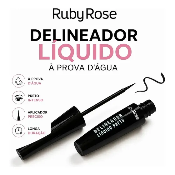 Delineador Líquido Preto Ruby Rose  Ponta Fina