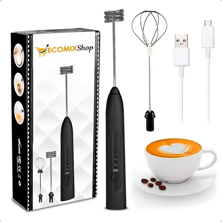 Mini Mixer Elétrico Misturador De Bebidas 2 Em 1 Portátil Fue Recarregável Mexedor De Ovos Whey Leite Café Espuma Shake Drinks Capuccino E Várias Bebidas Homeroarte Preto