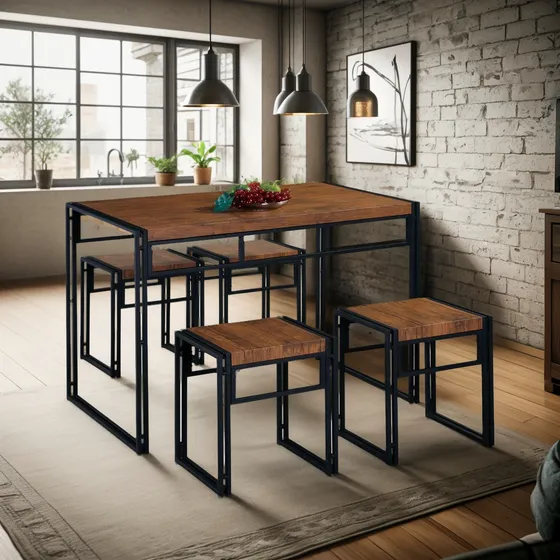 Conjunto De Mesa Wooden Com 4 Bancos  Preto E Marrom