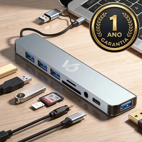 Hub Usb 8 Portas 3.0 E 2.0 Cabo Tipo C + A Híbrido P2 Estéreo Áudio Thunderbolt Extensor Adaptador Dock Station Dex Macbook iPad Computador Pc Notebook Tablet Type C Voxo
