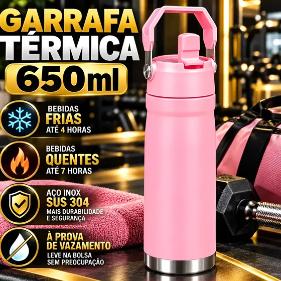 Garrafa Térmica 650ml Flip Squeeze Alça Canudo Academia