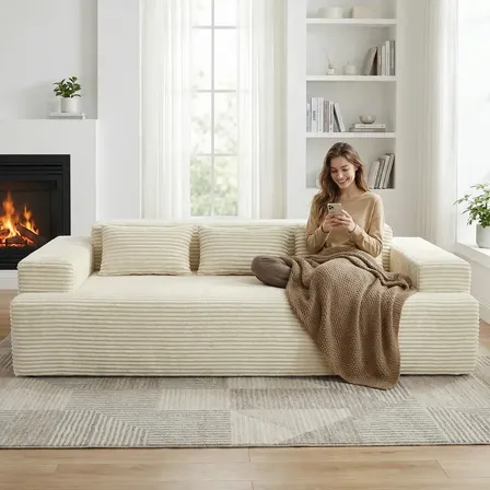 Sofá 3 Lugares em Veludo Cotelê Bege Para Sala, Design Luxo e Conforto Máximo