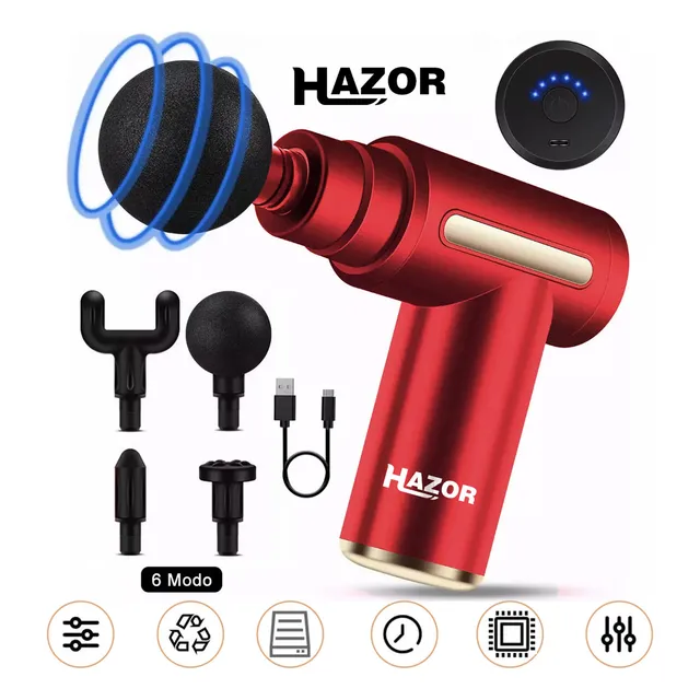 Pistola De Masaje Muscular Hazor De 6 Modos Para Relajación Y Alivio Del Dolor, Color Rojo, Masajeador De Espalda, Cuello Y Pies, Manual Ajustable Con 4 Cabezales De Masaje.