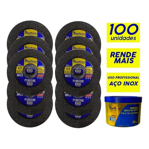 Kit Jogo 100 Discos De Corte Fino Inox 4.1/2 115x1.0 22mm P/ Esmerilhadeira Azul Force