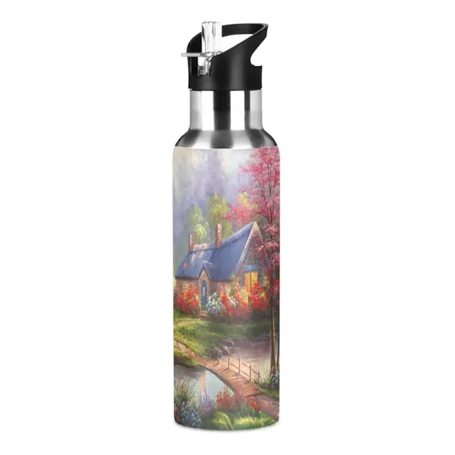 Rural Flor Arbol Lago Pintura Oleo Botella Agua Pajita