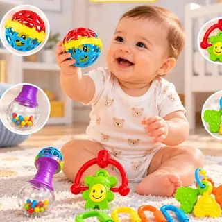 Kit Chocalho Mordedor Sensorial Para Bebê Coloridos 8 Peças Colorido