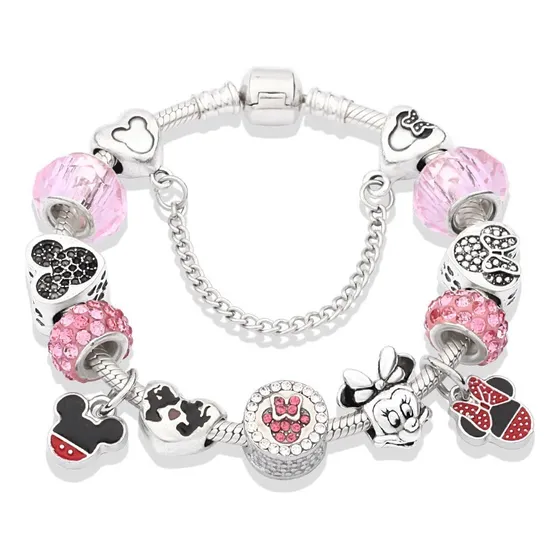 Pulsera De Mickey Y Minnie Mouse Varios Dijes En Color Rosa