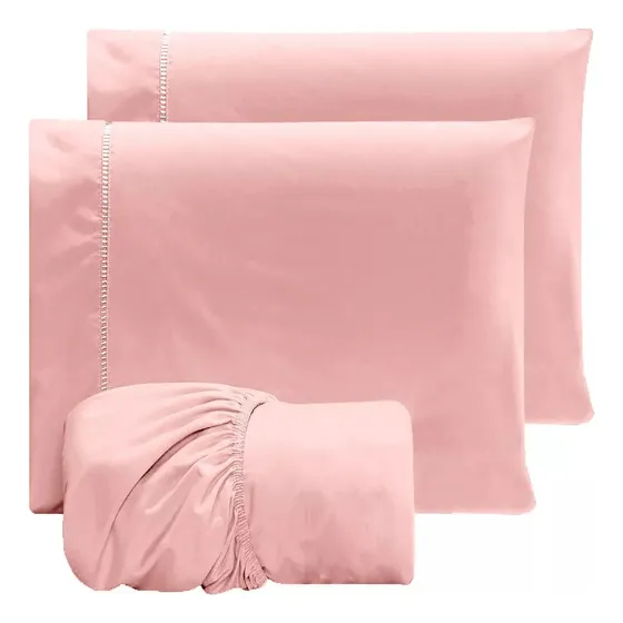 Jogo Lençol Casal 3pç 400 Fios Hipercal Conforto Macio Cor Rosa Desenho do tecido Liso