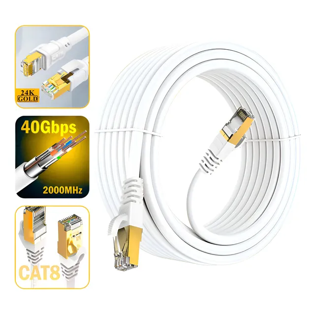 Cable De Red Cat8 Ethernet 20 Metros Wifi7 40gbps Sftp Lan Premium 40gbps Para Juegos Marca Aspor Modelo 1520as 2000mhz 26awg Conectores Rj45 Reforzados Alta Velocidad De Transferencia Lan
