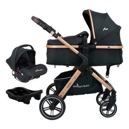 Carrinho de Bebê Kansas 3 em 1 Gold Premium Baby Travel System com Bebê Conforto Base para Carro Função Moisés Assento Reversível e Adaptadores