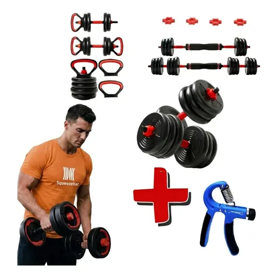 Kit halter Musculação 15kg 6 Em 1 Peso Halteres Ajustável Halter, Kettle, anilhas e barras + brinde