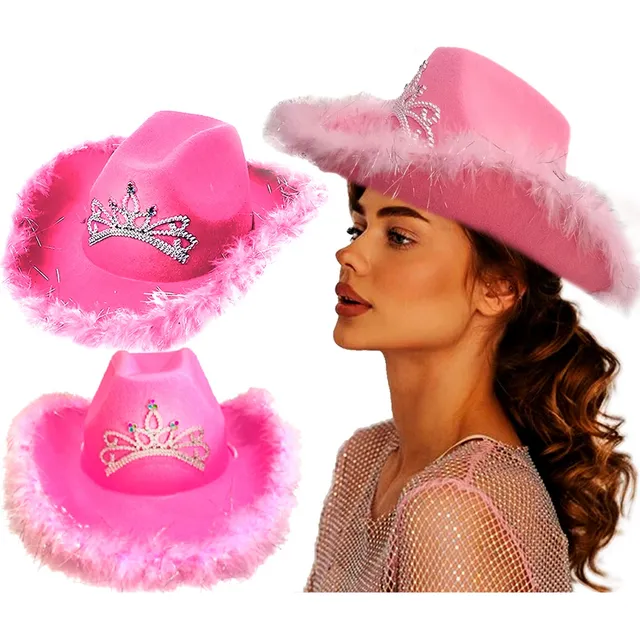 Gorro Cowboy Rosa Plumas Vaquero Sombrero Cotillon Corona