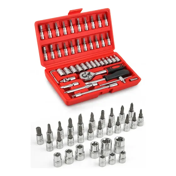 Jogo De Ferramentas Kit Multiuso Soquete 1/4 46 Peças Profissional Com Maleta Completa Aço Cromado Chaves Bits Catraca Reversível Extensões Junta Universal Portátil Reforçado Doméstico Automotivo