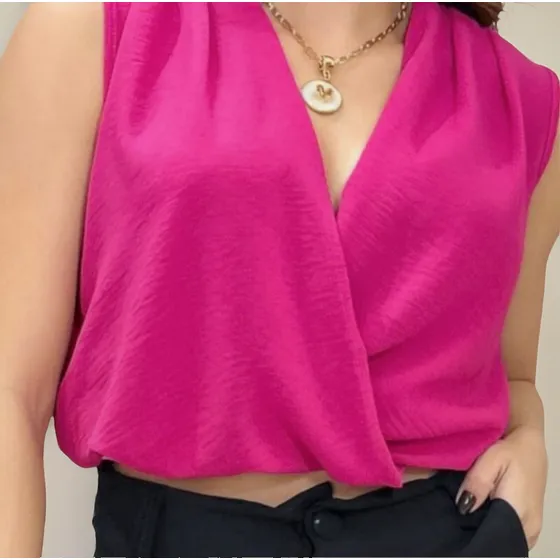 Camisa Cropped Crepe Duna Blusa Elástico Na Cintura   - Vivi