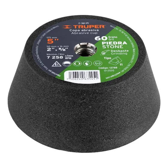 Copa Desbaste Piedra  5'' Grano 60 Esmeril 5/8 Truper 13788