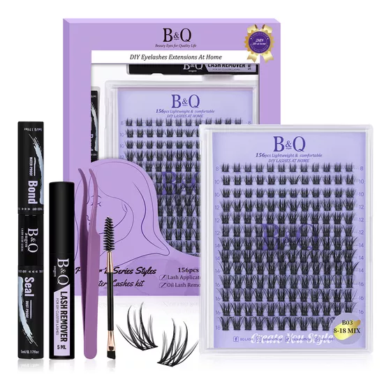 Extensiones De Pestañas Kit 156pcs B03 B&q Naturales 8-18mm Negro Longitud Mixta Con Pegamento Y Removedor Curvatura D Bqlash Kit Pestañas Bq