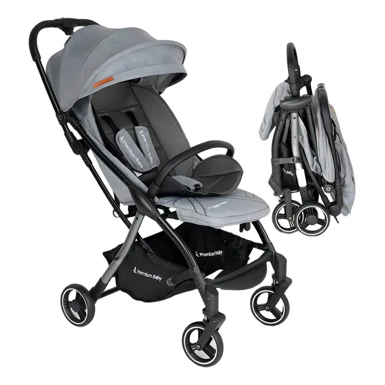 Cochecito De Bebé Paseo Premium Baby Complus Ultra Compacto Color Gris Con Eco Cuero Negro