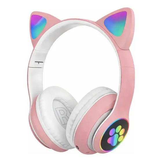 Fone de Ouvido Infantil Fone Cat Sem Fio Bluetooth LED Rosa IPX5 Cancela Ruído