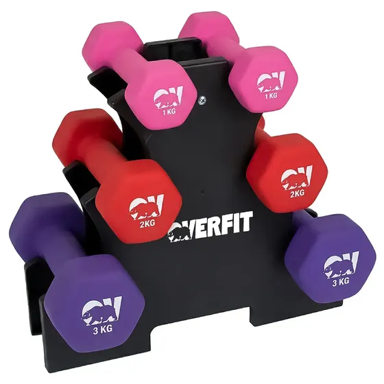Mancuernas Pesas Hexagonales Neopreno Overfit Set 3 Pares 12 Kg Con Rack