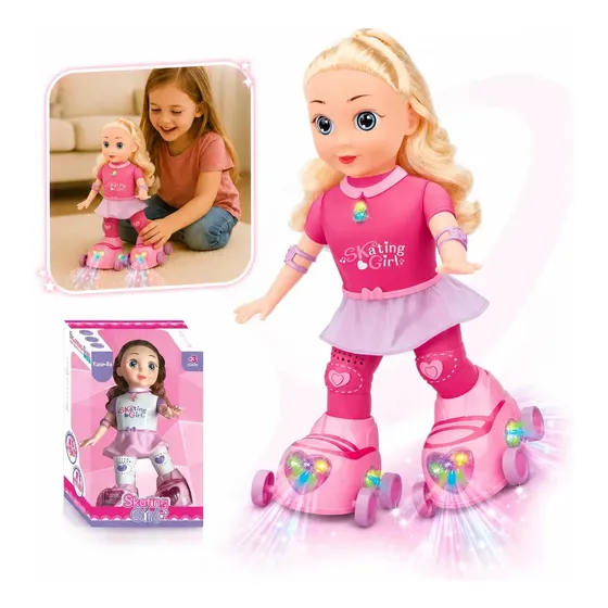 Boneca Patinadora Robô que Anda de Patins Dança e Canta com Luzes LED Skating Girl Brinquedo Musical