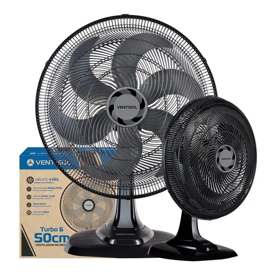 Ventilador Oscilante De Mesa Ventisol Turbo 6 Pás 50cm Preto 127v